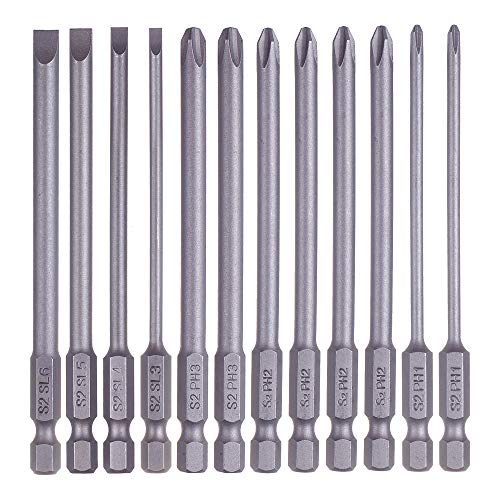 Rocaris 12 Pack 1/4 Inch Hex Shank Long Magnetic Screwdriver Bits Set 4 in Power Tools (Slotted+Cross Head) - size: 12Pcs(Slotted+Cross)