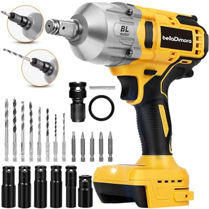 bellaDimora Cordless Impact Wrench Compatible with Dewalt 20V Battery | Brushless Motor, Auto-Stop Reverse, LED Light, 32-Piece Kit, Tire Change, Lug Nuts & Rusted Bolts (No Battery)