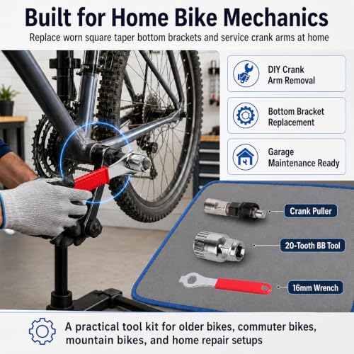 Bike Crank Puller Tool, Bicycle Crank with Bottom Bracket Removal Tool | Square Taper Crank Remover with 20-Tooth Bottom Bracket Removal Tool and 16mm Spanner for MTB, Road Bike