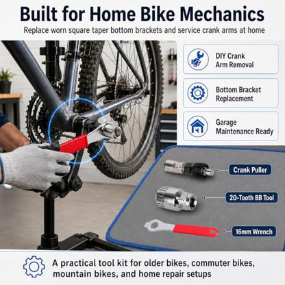 Bike Crank Puller Tool, Bicycle Crank with Bottom Bracket Removal Tool | Square Taper Crank Remover with 20-Tooth Bottom Bracket Removal Tool and 16mm Spanner for MTB, Road Bike