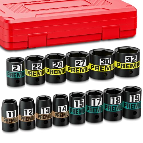 14-Piece 1/2" Drive Shallow Impact Socket Set, 11-32mm, Semi-Deep Sockets, CR-V, Socket Set for Automotive and Home, Metric, 6 Point - size: 1/2" 14pcs Metric Shallow