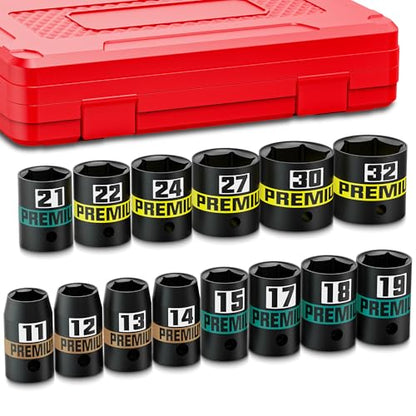 14-Piece 1/2" Drive Shallow Impact Socket Set, 11-32mm, Semi-Deep Sockets, CR-V, Socket Set for Automotive and Home, Metric, 6 Point - size: 1/2" 14pcs Metric Shallow