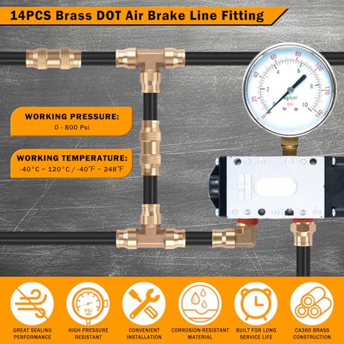 14 Pcs 3/8" Brass DOT Air Line Fittings Kit 1/4" 3/8" DOT Push Lock Air Fittings NPT Thread & Quick Connect Air Hose Fittings Kit - color: Gold-14PCS3/8"