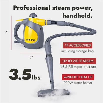 Vapamore MR-75 Amico Handheld Steam Cleaner for Bed Bugs, Auto & Grout | Portable handheld steam cleaner; 210°F chemical-free steam; kills dust mites; heats in 4 min; 3.5 lbs; 17 accessories