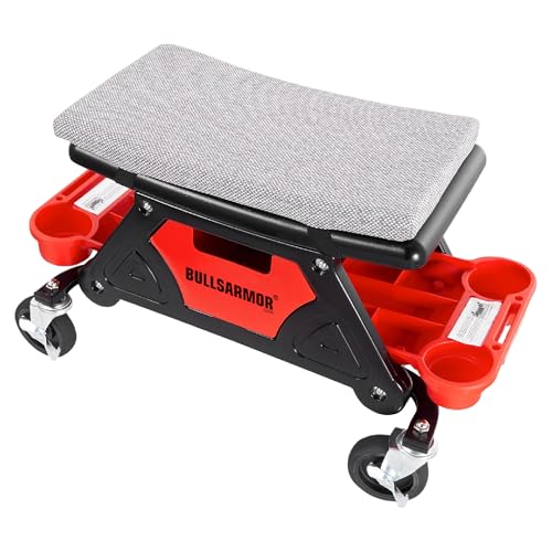 BullsArmor Rolling Mechanic Seat 300 LBS Capacity Creeper Stool with 4” Wheels Locks Heavy Duty Garage Chair with 3 Slide Out Tool Trays Drawer, Auto Repair Detailing Car Wrap Motorcycle Workshop DIY