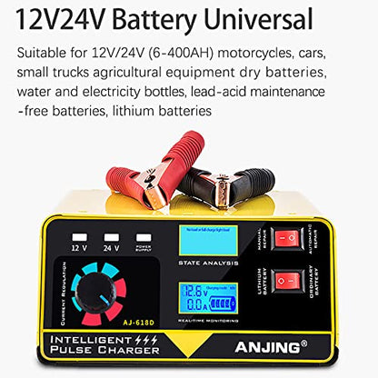 12V 24V Car Battery Charger, 15A Lead-Acid Lithium Battery Charger, Smart Trickle Charger Maintainer, Deep Cycle Battery Repair Charger Automotive Desulfator for Car Motorcycle Truck Boat Lawn Mower - color: 2) - 12V/24V 15Amp (Yellow)