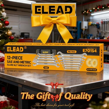 ELEAD 14-Piece Flare Nut Wrench Set with PTFE Tape, Metric & SAE 1/4"-7/8"& 6-21mm, Brake Line Wrench Set Double Open End with Organizer Pouch for Repairing and Removing Nuts - color: Silver
