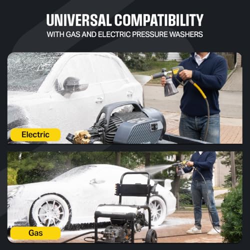 Active Foam Cannon with ¼ inch quick connector for Electric and Gas Pressure Washers. Wide-mouth bottle and variable spray to generate thick snow foam spraying for home DIY car wash & detailing (JH70)