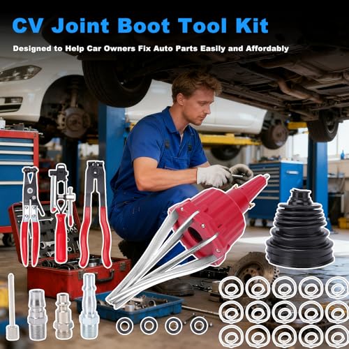 Pneumatic CV Joint Boot Expander Tool Kit,Expander Rod Spreader Installation Removal Tool with 15 Sets Clamps and 4 Air Hose Fittings for Rubber Boots Installation and Removal (Red) - color: Red