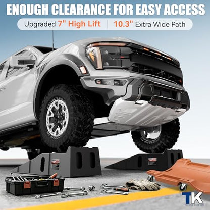Heavy-Duty Vehicle Service Ramps - 1 Pair Professional Auto Maintenance Lifts for Trucks & SUVs, High-Lift Tire Ramps for Underbody Oil Change, Integrated Support for Jack Stands - size: High Profile V2.0