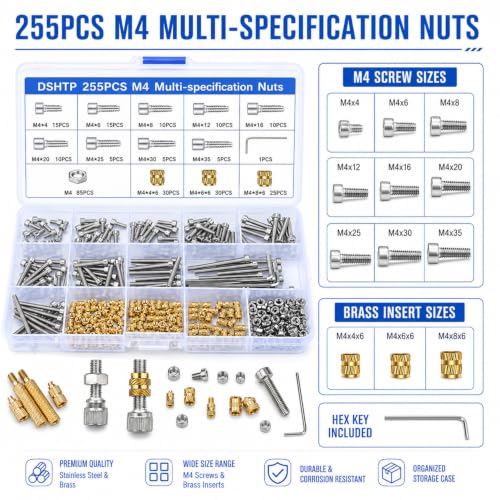 255PCS M4 Heat Set Insert Kit for 3D Printing, 60W Digital Soldering Iron with Adjustable 200-500°C Temperature, Brass Threaded Inserts, Bolts, Nuts, M4 Insert Tips for Plastic & 3D Printed Parts