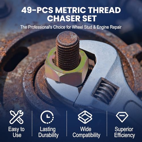 49-Piece Professional Thread Chaser Set, UNC UNF & Metric Thread Repair Kit with Taps, Dies, Thread Files, Automotive Wheel Stud Rethreading Tool Kit - color: 49PCS Thread Chaser Set