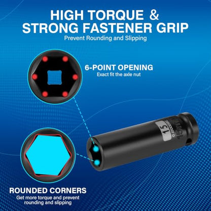 1/2 Inch Drive x 15mm Deep 6PT CR-MO Impact Socket for Removing Axle nut | Metric Socket,6-Point Radius Corner Design,Two Size Markings,Square Chamfered Opening,For Removal of Axle Nut - size: 15 mm, style: 1/2" Drive Deep Socket