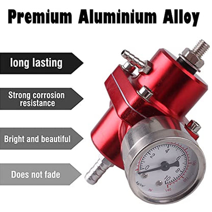 BARTOO Universal Adjustable Fuel Pressure Regulator Kit, Aluminum Fuel Regulator,Adjustable Gas Oil Injection Pressure Regulator with 0-140 PSI Gauge -Red - color: Red