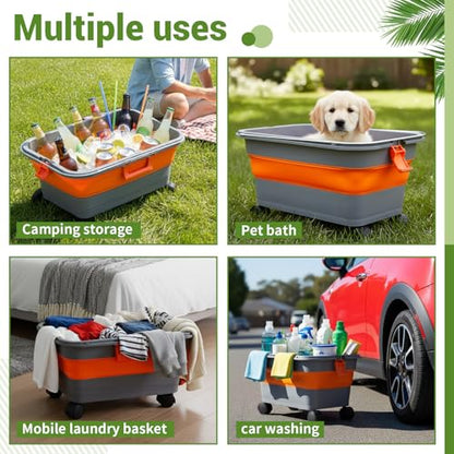 Maxdot Car Wash Bucket with Wheels Lid and Handle, 5.5 Gallon Collapsible Rolling Wash Bucket with 2 Microfiber Mitts for Car Cleaning, Camping, Rv & Pet Bathing