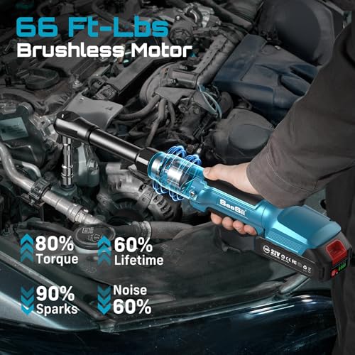 Extended Cordless Electric Ratchet Wrench: 66 Ft-lbs Power Ratchet Wrench 3/8", Brushless Motor, Variable Speed Trigger, 2 Pack 21V Batteries & Charger, 8 Sockets, 1/4"& 1/2" Adapter, 3" Extension Bar - size: 3/8 inch Extended