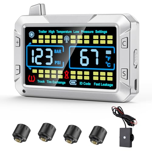 Truck tire Pressure Monitoring System (0-188 PSI) Features a Signal Booster, a 4.3-inch Color Screen, six Alarm Modes, and can Monitor up to 43 Tires for Trailer rv semi Truck Camper (4 Sensors) - size: 4 Sensors