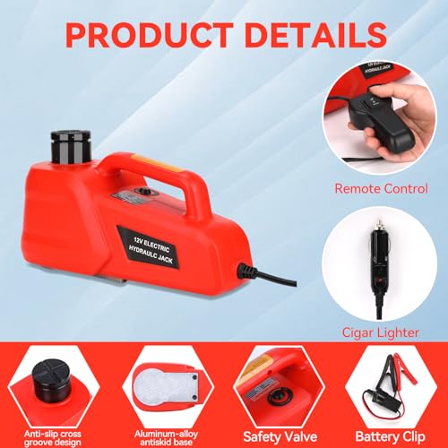 Trihelper Electric Car Jack 5 Ton 12V Hydraulic Floor Jack, 9 lbs | Fits Sedan SUV MPV Truck, Fully Automatic Lift, Wired Remote Control, Portable Storage Case, Roadside Emergency Kit - color: Red Jack Only