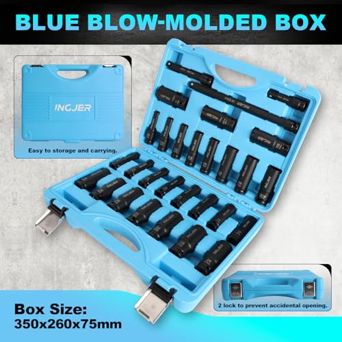 1/2" 29PCS Impact Socket Set, Upgrade CR-MO 6 Point Socket Set,SAE (3/8"-1") & Metric (10-24mm), Standard & Deep Sockets with Extension Bars, High Torque, Ideal for Truck Bearing Locknut. - size: 1/2inch 29PCS DEEP