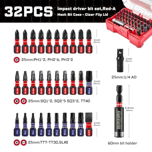 Geinxurn 32Pieces Impact Screwdriver Bits Set, S2 Steel Magnetic Phillips/Slotted/Square/Security Torx Muliti Insert Bits Tips Set with Impact Bit Holder and 1/4”Socket Adapter(Red Storage Box Case) - style: FQ032025-ARD