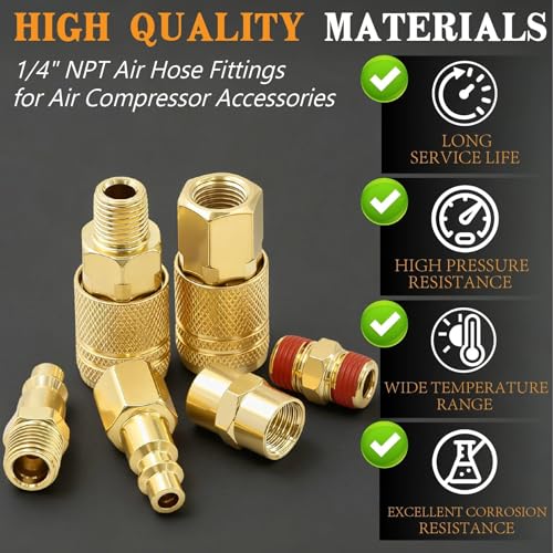 22 Pcs Quick Connect Hose Fittings 1/4" NPT Air Coupler & Plug Kit,360 Degree Swivel Hose Fittings,Air Compressor Accessories - size: Copper-plated alloy