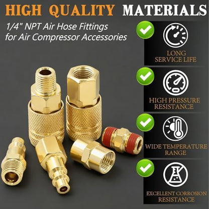 22 Pcs Quick Connect Hose Fittings 1/4" NPT Air Coupler & Plug Kit,360 Degree Swivel Hose Fittings,Air Compressor Accessories - size: Copper-plated alloy
