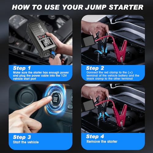 Jump Starter with Air Compressor, 7000A 180PSI Car Battery Jump Starter Jump Box (All Gas/10.0L Diesel), Battery Jumper Starter Portable Jumper Cables, Large LCD Display, LED Light Black