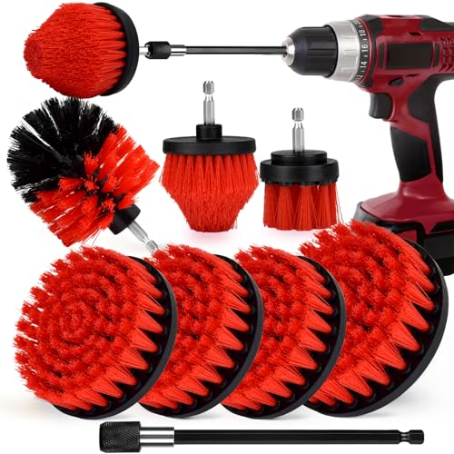 8 Pack Drill Brush Attachment Set, 1/4in Power Scrubber Brush + Extend Long Rod, Multi-Purpose Power Cleaning Scrub Brush for Bathroom, Tub, Tile, Corner, Floor(Red) - color: Red