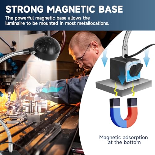 Magnetic Work Light, 2000 Lumens LED Mechanic Light | Strong Magnet Base, 12-inch Flexible Gooseneck, For Workbench, Wood Lathe, Sewing Machine, Grill