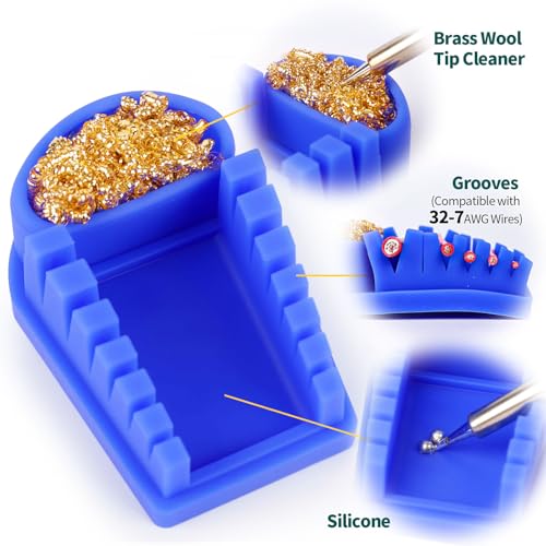 YIHUA S200 Blue Heat-Resistant Silicone Soldering Wire Holder with Brass Wool Cleaner, 6 Grooves, Storage Tray, Helping Hands Soldering Wire Welding Fixture, Compatible Diameter 32-7AWG - color: Blue