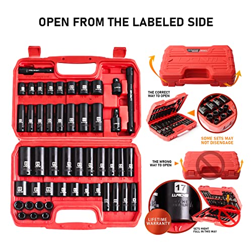 LLNDEI 3/8" Drive Impact Socket Set SAE and Metric (5/16"- 3/4", 8-22mm) 48pcs, CR-V Steel, 6 Point Sockets, Extension Bar (3-in, 6-in), 1/2"F to 3/8"M Reducer Universal Joint - size: 3/8" Socket Set