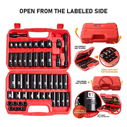 LLNDEI 3/8" Drive Impact Socket Set SAE and Metric (5/16"- 3/4", 8-22mm) 48pcs, CR-V Steel, 6 Point Sockets, Extension Bar (3-in, 6-in), 1/2"F to 3/8"M Reducer Universal Joint - size: 3/8" Socket Set