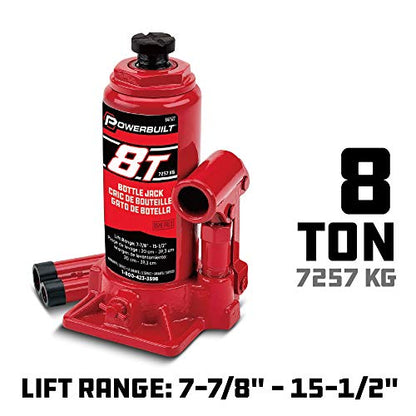 Powerbuilt Heavy Duty 8 Ton Bottle Jack, 16000 Pounds Capacity Hydraulic Vehicle Lift with Stable Base, Lifting Range: 7-1/2-Inch to 15-1/2-Inch - 647527, black