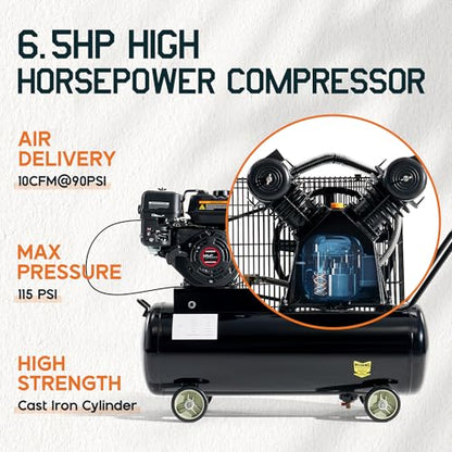 Albott 6.5HP Gas Air Compressor, 20 Gallon Portable Horizontal Tank | 196cc Loncin Engine Max 115PSI Pressure Pneumatic Tool Compatible Commercial and Residential Use - size: 20 Gal