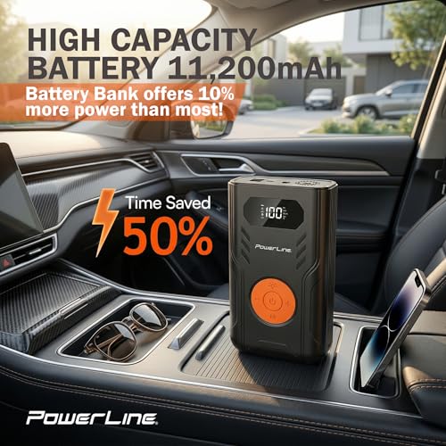 PowerLine Car Battery Jump Starter with Air Compressor - 4-in-1 Pump & Jump 1200A Car Battery Jumper with Tire Inflator, 3 USB Charging Ports & LED Light - Up to 5.2L Gas & 3.5L Diesel Trucks, 120 PSI