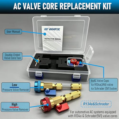 R134A Valve Core Remover Installer Tool Set, AC Schrader Valve Removal Tool.Designed for Leak-Free Replacement of Valve cores in Automotive AC Systems
