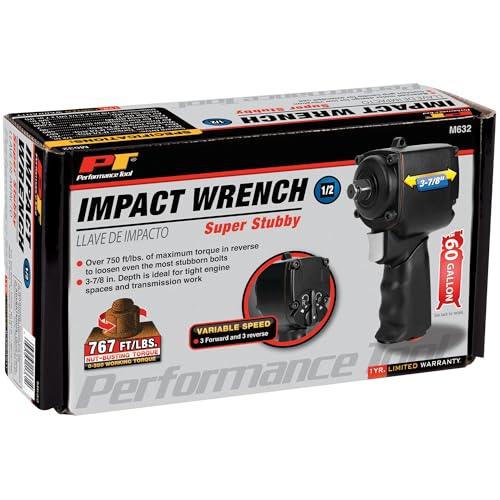 Performance Tool M632 1/2-Inch Drive Super Stubby Air Impact Wrench - Compact, High-Torque, Low Vibration for Tight Spaces & Heavy-Duty Use - size: 1/2 in. Dr. Stubby Air Impact Wr.