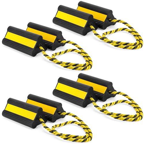 4 Pair Heavy Duty Wheel Chocks for RV Trailer, Rubber Wheel Stoppers, Dual Blocks, Non Slip Tire Chock with Nylon Rope Reflective Tape for RV Camper Travel Trailers Car Truck (Yellow)