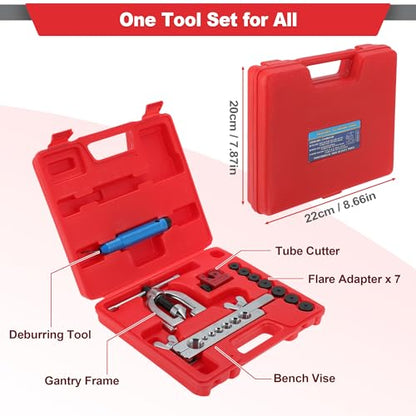 Brake Line Flaring Tool Kit Double & Single Flaring Tool 7 Adapters, Tubing Cutter for Copper/Aluminum/Brass Brake Line Tubing 45 Degrees 3/16" 1/4" 5/16" 3/8" 7/16" 1/2" 5/8"