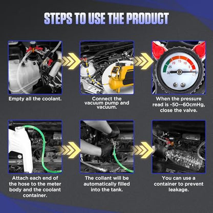 MR CARTOOL Coolant System Refill Kit, Automotive Vacuum Fill Coolant Tool Set with Pressure Gauge, 5 Adapters and Air Connectors, Antifreeze Change Tool for Testing Radiator and Heating Core Pipes