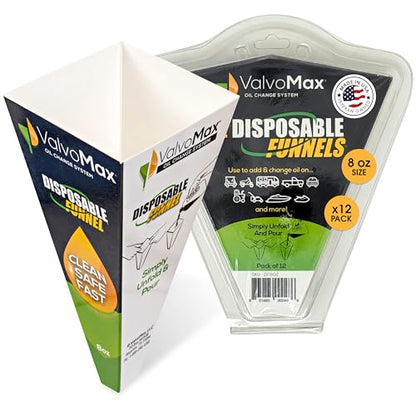 ValvoMax Disposable Funnels, 12-Pack (8oz) – Glossy Cardstock Paper Funnels for Oil Changes, Automotive Fluids, Coolant, and Household Liquids - size: 8 oz (Pack of 12)
