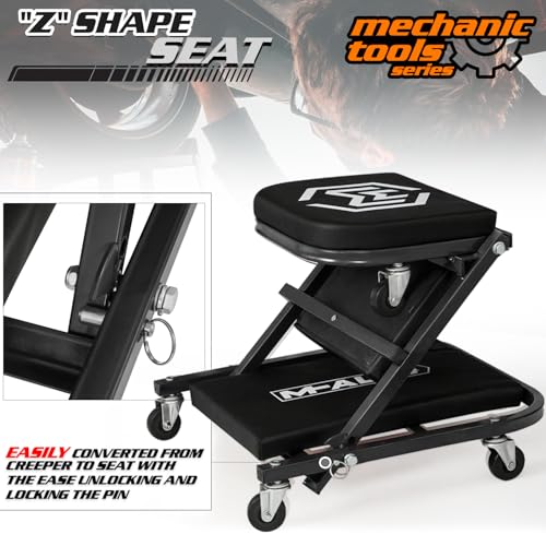 M-AUTO Foldable Z Creeper 2-in-1 Rolling Folding Car Creeper & Seat, 36" Adjustable Roller Garage Chair Lay Down or Sit, 330LBS Capacity Under Car Roller Creeper with 6 Swivel Casters, Black - color: Black, size: 36"