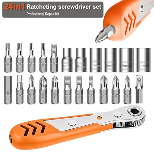 TOOLMAK Right Angle Screwdriver 24 in 1 Ratchet Screwdriver Set | Cr-V Steel, Mini Ratchet Wrench for Tight Spaces, Ideal for Bike Repair & DIY Projects - style: 24pcs Ratchet Screwdriver
