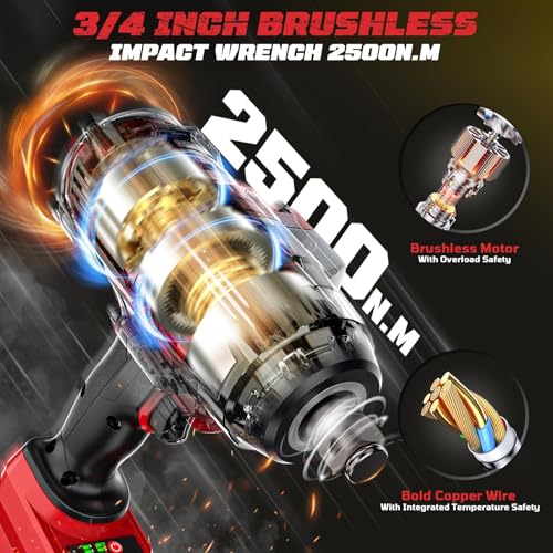 Cordless Impact Wrench 3/4 inch Compatible with Milwaukee Battery, Cerycose1850ft-lbs (2500N.m) Brushless Electric Impact Gun, High Torque Impact Driver, Bare Tool Only，Heavy-Duty Automotive - size: 3/4inch, style: 3/4inch Fit for Milwaukee(No battery)