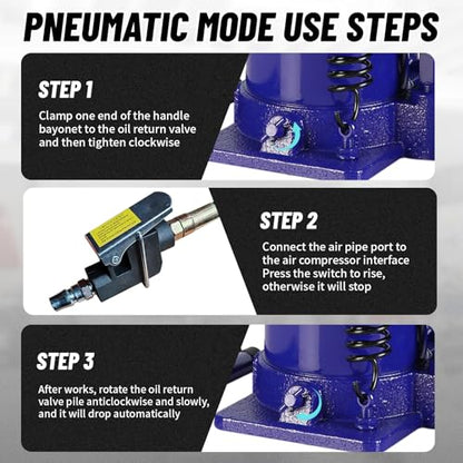 20 Ton Air Hydraulic Bottle Jack with Air-Powered or Manual Operation, One-Piece Hydraulic Cylinder Design, Air Bottle Jack with Carry Handle for Pickup Trucks, Commercial Vehicles, and Farm Equipment - color: Blue