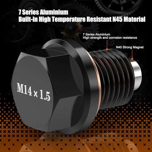 M14x1.5 Aluminum Magnetic Oil Drain Plug with 1 Pcs Copper Gasket Crush Washer Sump Drain Nut Bolt Oil Pan Bolt Anti Leakage Seal Replacement for Honda Acura Ford GM Mazda Hyundai Kia - size: M14x1.5