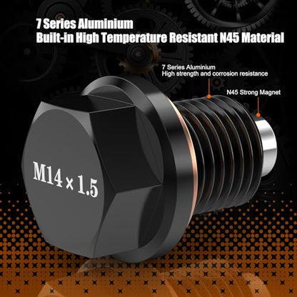 M14x1.5 Aluminum Magnetic Oil Drain Plug with 1 Pcs Copper Gasket Crush Washer Sump Drain Nut Bolt Oil Pan Bolt Anti Leakage Seal Replacement for Honda Acura Ford GM Mazda Hyundai Kia - size: M14x1.5