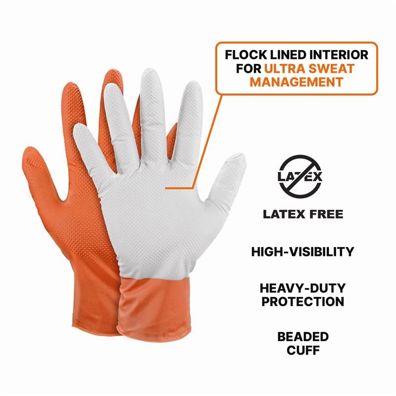 GLOVEWORKS Industrial Orange Disposable Gloves, Flock-Lined Nitrile Gloves, Raised Diamond Textured Grip, 8 mil - size: XX-Large, style: Box of 50