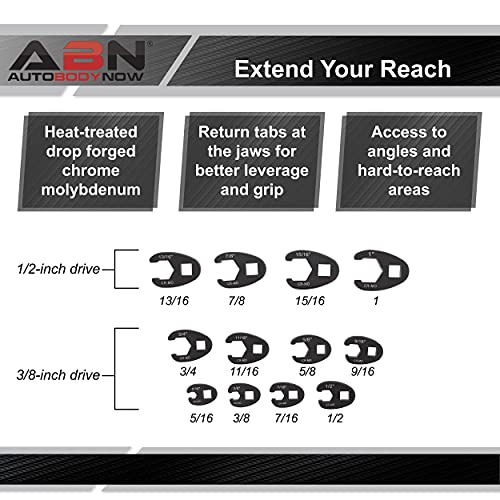 ABN Jumbo Crowfoot Flare Nut Wrench Set SAE Standard 12-Piece Tool Kit for 3/8in and 1/2in Drive Ratchet