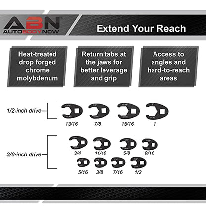 ABN Jumbo Crowfoot Flare Nut Wrench Set SAE Standard 12-Piece Tool Kit for 3/8in and 1/2in Drive Ratchet